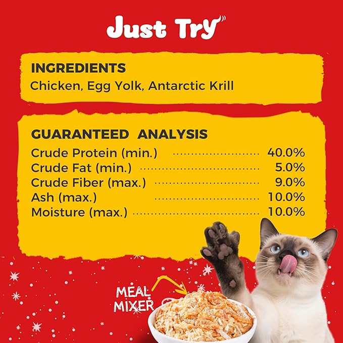 Just Try 8 OZ Raw Antarctic Krill Freeze Dried Cat & Dog Food Toppers Mixers Meal Toppers Low Calorie with Real Chicken Egg Yolk, High Protein Food Toppers Omega 3 for Picky Eaters Skin & Coat Support