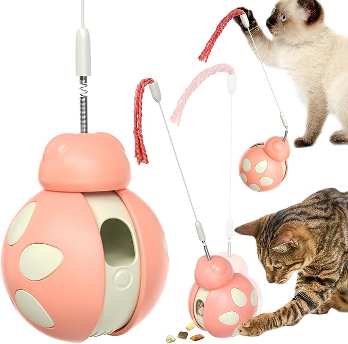 Cat Puzzle Toys,Slow Feed Dispensing Cat Toy with Cat Teaser Wand,Never-Knockover Wobble Design, Health Benefits and Weight Loss (Pink)