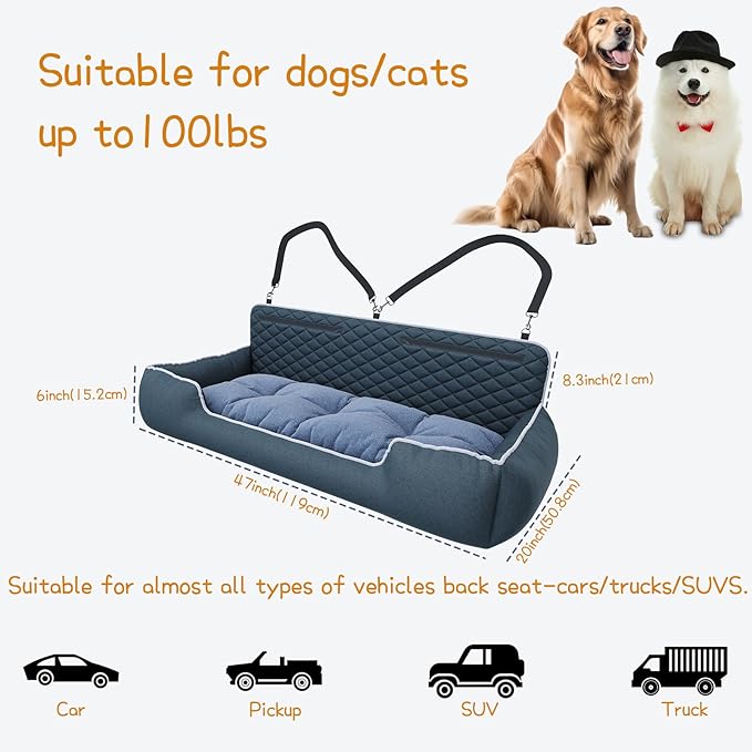Large Dog Car Seat for SUVs & Trucks, High Back Booster Bench with Safety Tether & Storage Pocket, Washable Thick Cushion Bed for Medium Large Dogs up to 100 lbs