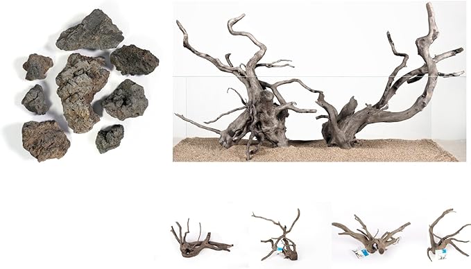 LANDEN Aquascape Hardscape Bundle – Black Lava Rock 18lbs (3–11”) + Spider Wood XL (12–16”, 4pcs) for Aquarium, Terrarium, Paludarium Landscaping