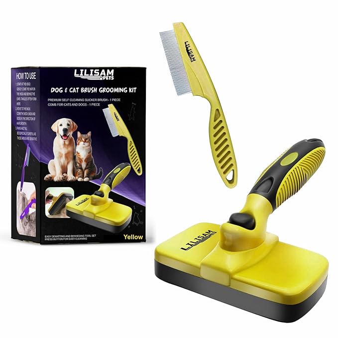 Pet Self Cleaning Slicker Brush and Grooming Comb - Gently Removes Loose Hair, Tangles, and Dirt - Skin Friendly Deshedding Grooming Tool for Hair Dogs & Cats - Pet Supplies Accessories (Yellow)