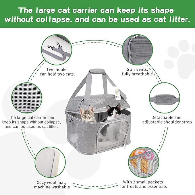 Large Cat Carrier for 2 Cats, Soft Side Pet Carrier for Cats Small Dog Up to 20 lbs, Collapsible Travel Dog Carrier Bag, Oeko-TEX Certified TSA Airline Approved Cat Carrier Backpack (Gray)