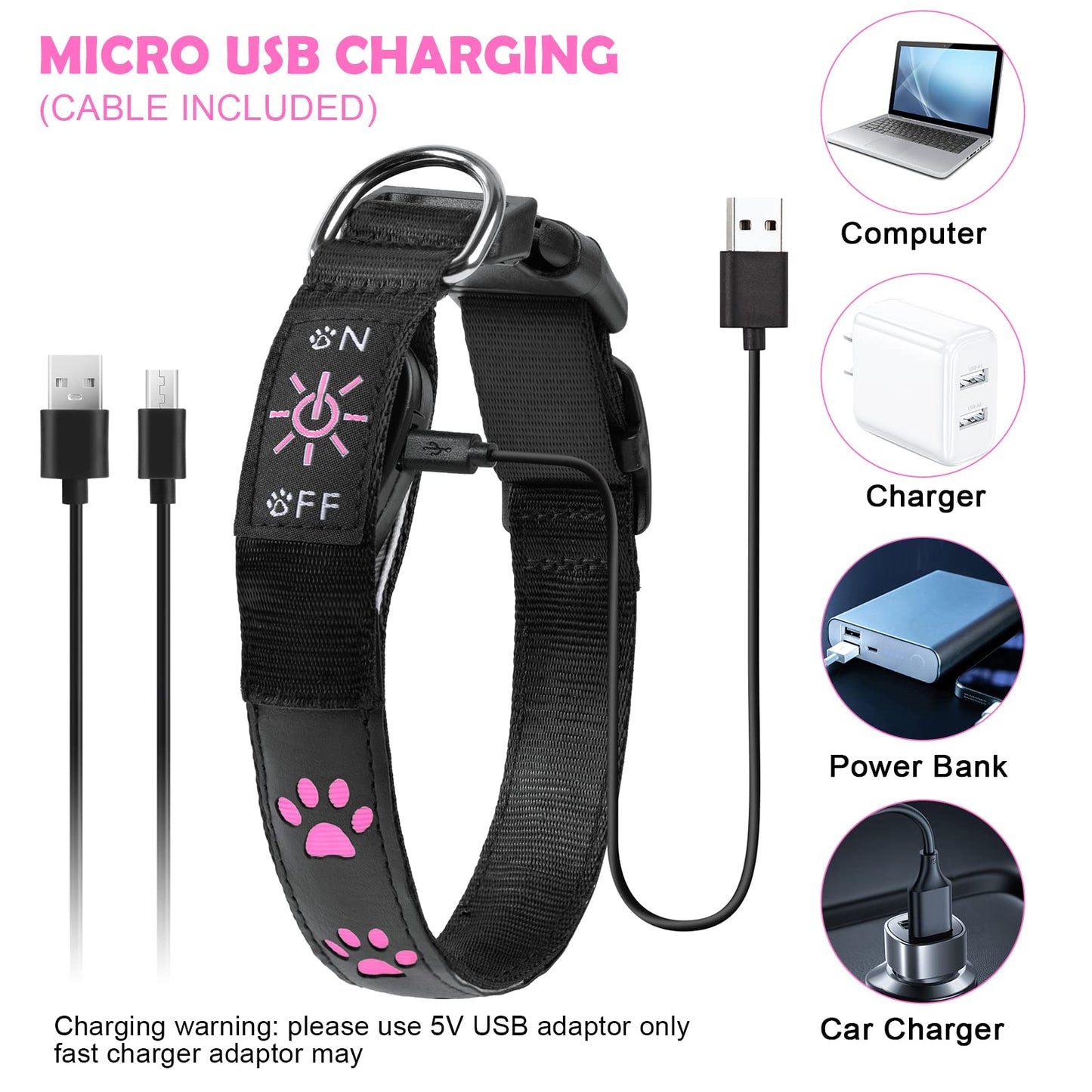 AUAUY Light Up Dog Collar, LED Dog Collar Light USB Rechargeable, Waterproof Flashing PVC Leather Adjustable Glowing Super Bright Dog Light Up Collar for The Dark for Small Medium Large Dogs (Pink-S)