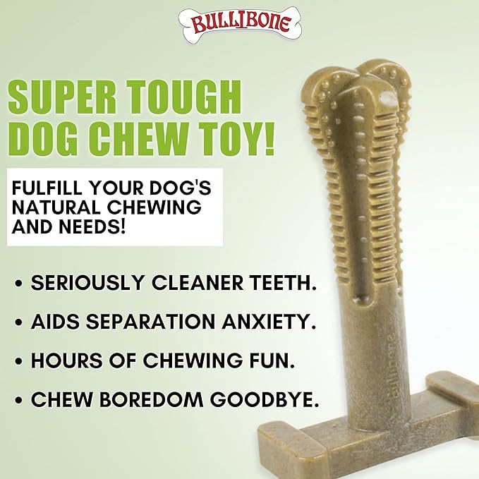 Bullibone SuperBrush: Dog Teeth Cleaning Brushing Toothbrush Stick - Long Lasting Nylon Super Greens Chew Toy for Oral Care and Dental Health