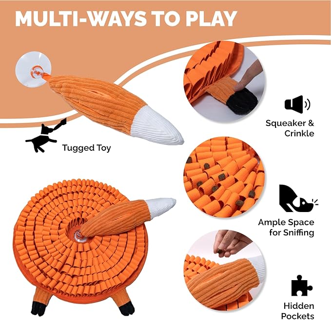 POPUPJOYS Durable Hide & Seek Snuffle Mat for Dogs, 2-in-1 Enrichment Puzzle Toy with Detachable Tail & Squeaker, Adjustable Difficulty Level with Suction, Machine Washable, Gift-Ready (Fox)