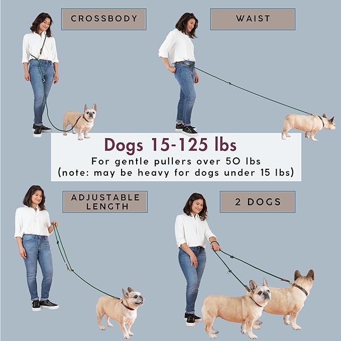 Hands Free Dog Leash, Waist Leash for Dog Walking, Crossbody, Multifunctional, Dog Lead, Running, Pink Adjustable Lead 4.3ft - 7.5ft, Double Lead for 2 Dogs, Dual Handle, Dog Training, 3/8" (10mm).