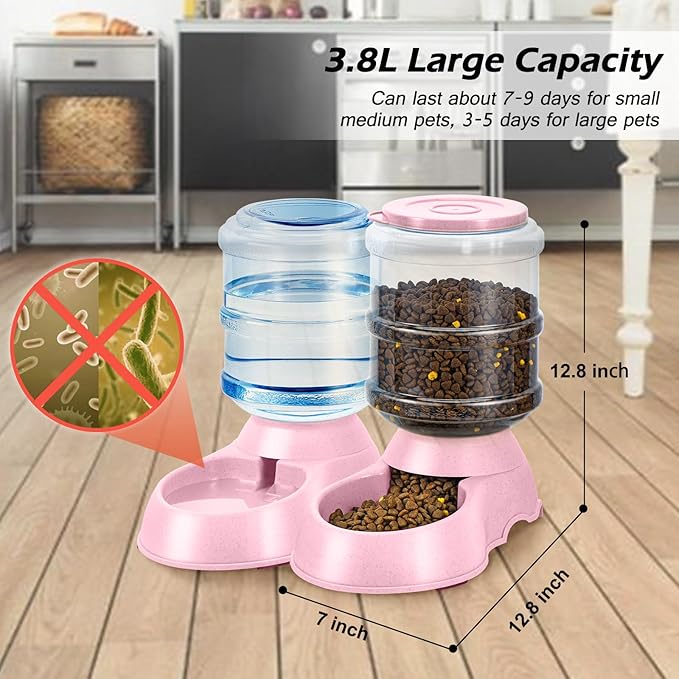 2 Pack Automatic Cat Feeder and Water Dispenser in Set Gravity Food Feeder and Waterer Pet Food Bowl for Small Medium Dog Pets Puppy Kitten Big Capacity 1 Gallon x 2 (Pink)