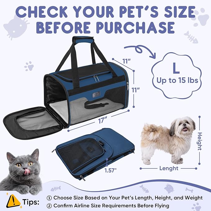 BALEINE Cat Carrier, Puppy Dog Carrier for Small Medium Pets Up to 15 Lbs, Soft-Sided Dog Travel Bag with Safety Zippers, Collapsible Pet Carrying Case (Blue, L, 17"x11"x11")