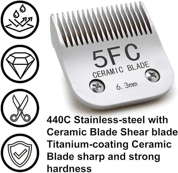 5FC Silver Detachable Clipper Ceramic Blades, Dog Grooming Clipper Replacement Blades Compatible with Dog Clippers, KM Series Clippers, Size-5FC, 1/4-Inch Cut Length (6.3mm)