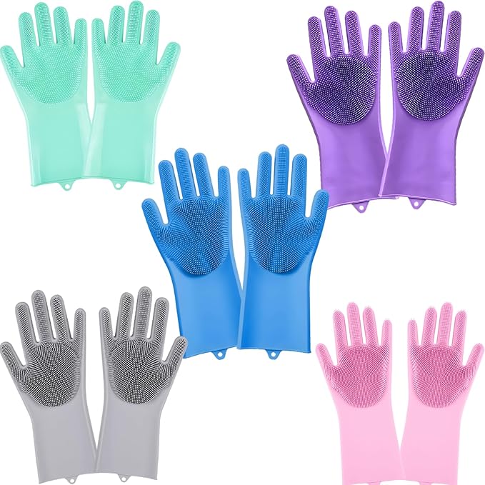 5 pairs Silicone Dishwashing & Pet Grooming Gloves - 2-in-1 Heat Resistant Gloves with High-Density Teeth, Enhanced Five Finger Design for Bathing, Cleaning Dishes, Cars, Dogs & Cats