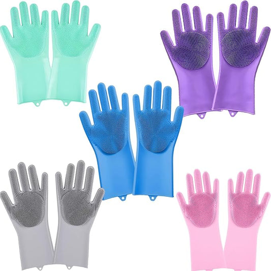 5 pairs Silicone Dishwashing & Pet Grooming Gloves - 2-in-1 Heat Resistant Gloves with High-Density Teeth, Enhanced Five Finger Design for Bathing, Cleaning Dishes, Cars, Dogs & Cats