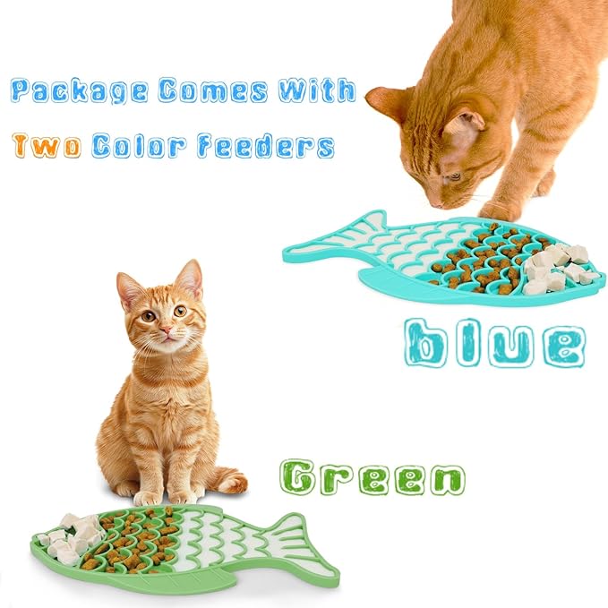 2 Pack Slow Feeder Cat Bowls, Fish-Shaped Silicone Puzzle Kitten Puppy Dog Feeders Non-Slip Design Lick Mat for Healthy Eatting,Treats Boredom Anxiety Reduction Reducer [Blue,Green]