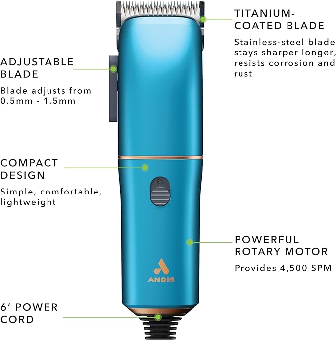 Andis Easy Clip Adjustable Blade Corded Dog Clipper, 11 Piece Kit, Lightweight, Powerful Motor, Blue, 560814