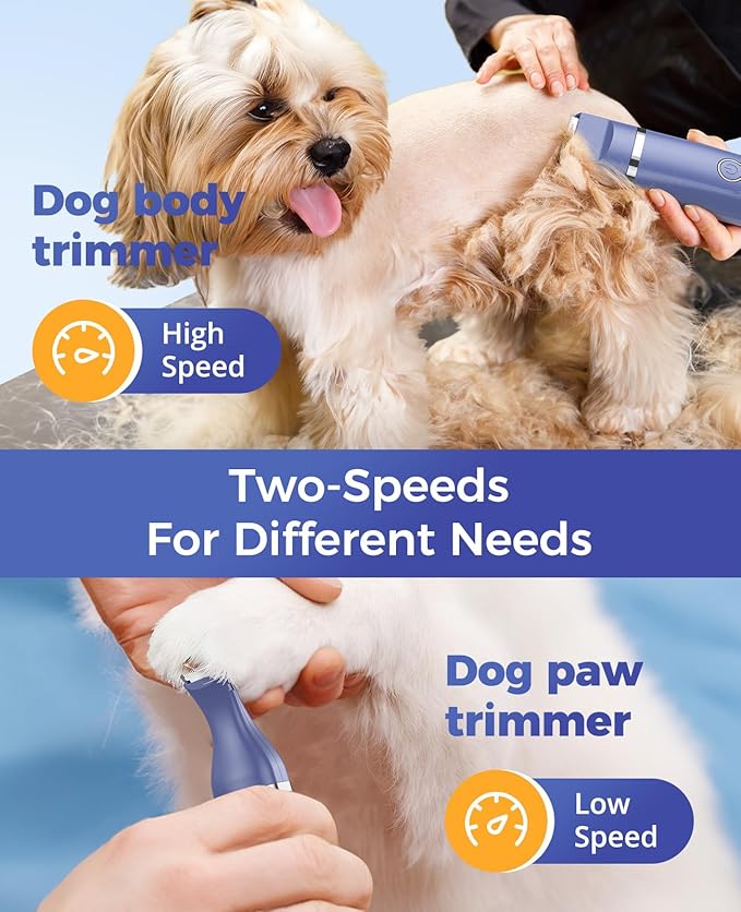 oneisall Dog Clippers & Dog Paw Trimmer 4-in-1 Cordless Grooming Kit: 2-Speed Low Noise Clippers with Rechargeable Quiet Nail Grinder for Dogs & Cats (Blue)
