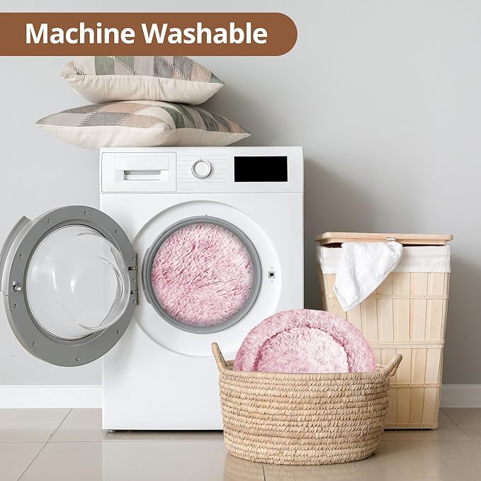 JOLLYVOGUE Medium Calming Dog Bed, Anti-Anxiety Donut Cuddler Cat Bed with Anti-Slip Bottom, Fluffy Faux Fur Machine Washable Pet Cushion for Medium Dog & Cat, 27"/Smoke Pink