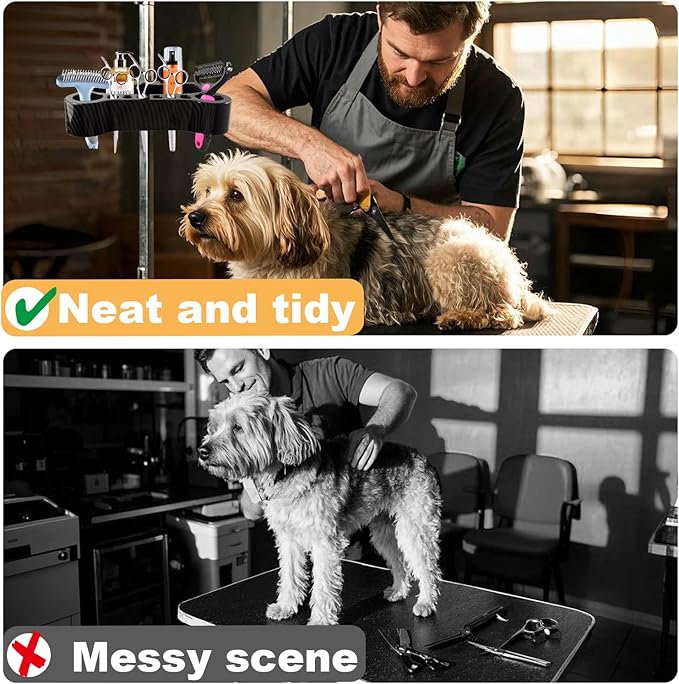 Adjustable Pet Grooming Organizer for Scissors, Brushes and Tools - Rotatable Multi-Compartment Grooming Arm Stand