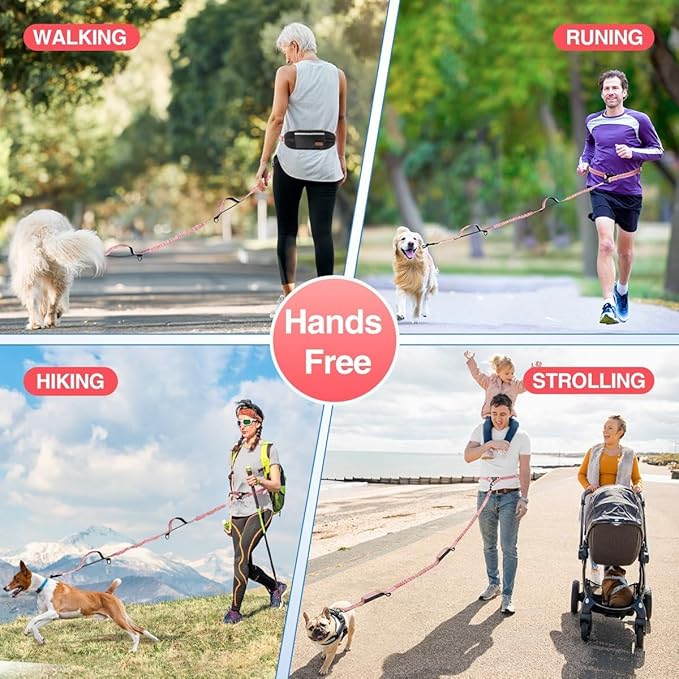 Kytely Hands Free Dog Leash with Zipper Pouch, Wide Padded Waist Dog Running Leash, Dual Padded Handles, Retractable Bungee for Walking Jogging Training Hiking