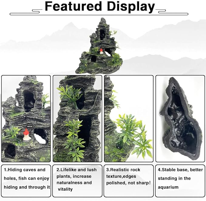 Large Aquarium Decorations Mountain View Stone Ornament Tree Rock Cave Artificial Fish Tank Ornament, Black