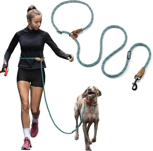 Mile High Life Hands Free Dog Leash, Crossbody Waist Leash with Genuine Leather Connection, Multifunctional Adjustable Slip Lead for Dog Walking Running (Green, 8FT)