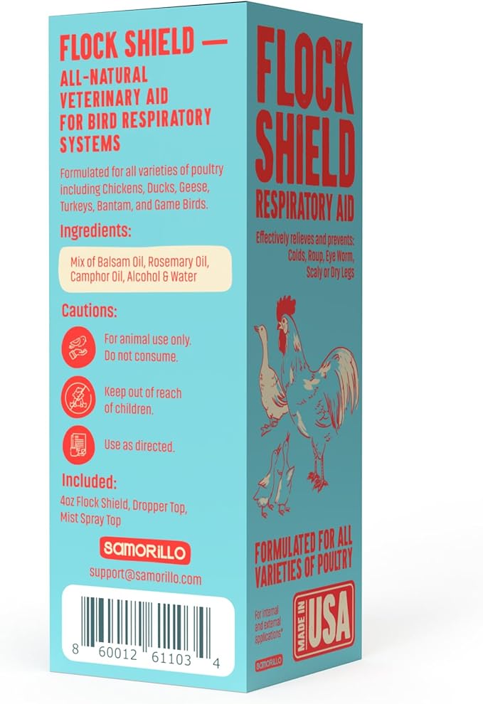 Flock Shield Respiratory Aid for Poultry - [Made in USA] - 4oz Chicken Supplement, Rooster Booster for Respiratory System - Dropper, Spray Top Included - Safe for All Birds - Drinking Water Additive