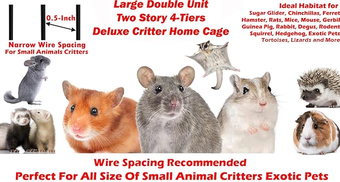 Large Two Story Double Unit Four Tiers Small Animal Critter Home Cage Tight 1/2-Inch Bar Spacing for Feisty Ferret Hammock Chinchilla Rat Mice Squirrel Rabbit Sugar Glider with Rolling Stand