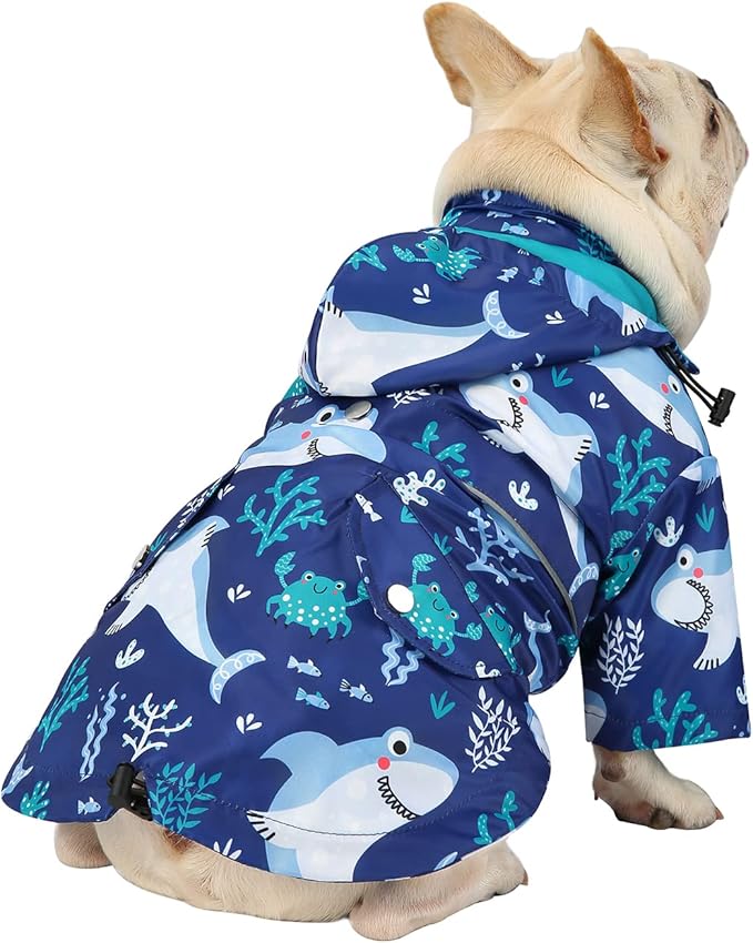 HDE Dog Raincoat Poncho Double Layer Zip Rain Jacket with Removable Hood, Leash Hole for Small to 3XL Dogs and Puppies Sharks - L