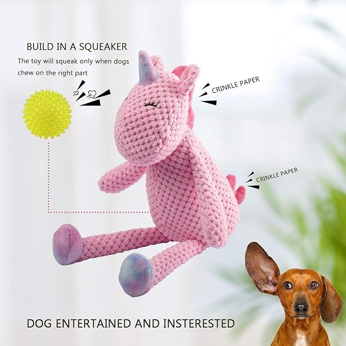 GOOLA Squeaky Dog Toys - Durable Plush Toys with Squeaker & Crinkle Paper, Unicorn Themed Pack for Puppy to Large Dogs