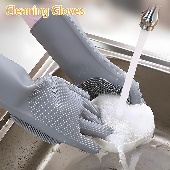 1 pairs Silicone Dishwashing & Pet Grooming Gloves - 2-in-1 Heat Resistant Gloves with High-Density Teeth, Enhanced Five Finger Design for Bathing, Cleaning Dishes, Cars, Dogs & Cats (Gray)