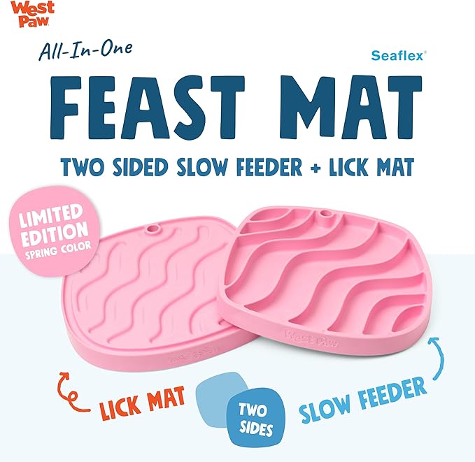 West Paw Seaflex Waves Feast Mat – All-in-One, Slow Feeder, Lick Mat – Encourages Foraging & Food Exploration - Engages Picky Eaters & Slow Feeding - Versatile – Easy to Clean, Non-Toxic - Bubblegum