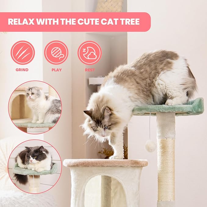 HYABi 42.7 inch Flower Cat Tree Tower Condo Furniture Apartment Plush Habitat Kitten Amusement Platform Multi-Level with Scratch Posts Toy Ball Pet House Play for Indoor Cats