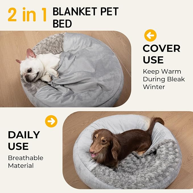 Cave Dog Bed with Blanket Donut Round Plush Cozy Cat Pet Bed for Puppy Machine Washable Removable Cover Anti-Slip Bottom Gray 26X26X8 inch