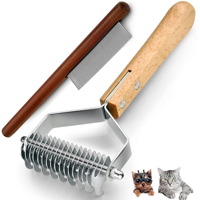Wooden pet grooming rake - Mats and Tangles Removal Tool Undercoat Rake for dogs & Cats | Suitable for thick and Long Hair Grooming Brush & Deshedder Comb Reduces Shedding 97%