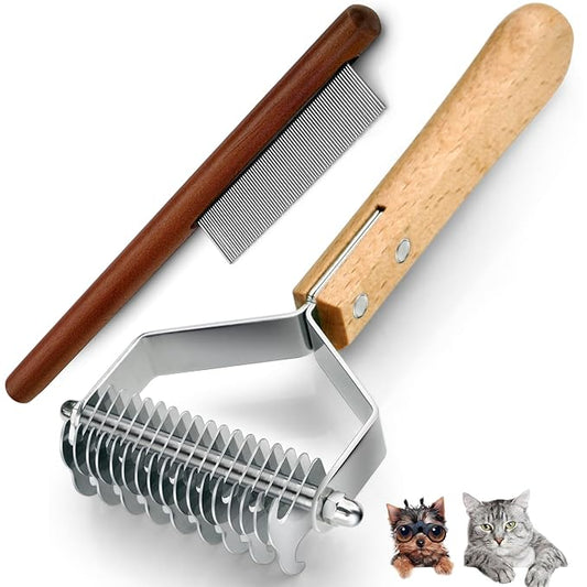 Wooden pet grooming rake - Mats and Tangles Removal Tool Undercoat Rake for dogs & Cats | Suitable for thick and Long Hair Grooming Brush & Deshedder Comb Reduces Shedding 97%