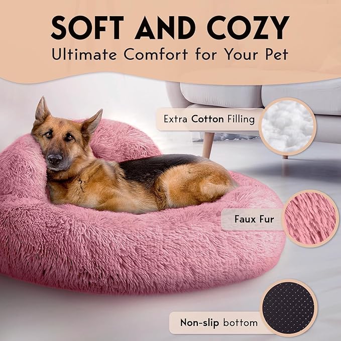 PetJett Calming Large Dog Bed - 36'' Donut Dog Beds, Anti-Slip & Washable Large Round Bed, Fluffy Faux Fur Pet Bed, Super Soft Anti-Anxiety Premium Comfort Bed, Fits Dogs up to 100 lbs - Pink
