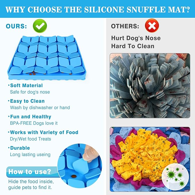 Snuffle Mat for Dogs,Silicone Interactive Dog Mat No Hurt for Dog's Nose for Smell Training and Slow Eating,Encourages Natural Foraging Skills and Stress Relief for Dog Mental Stimulation Toys