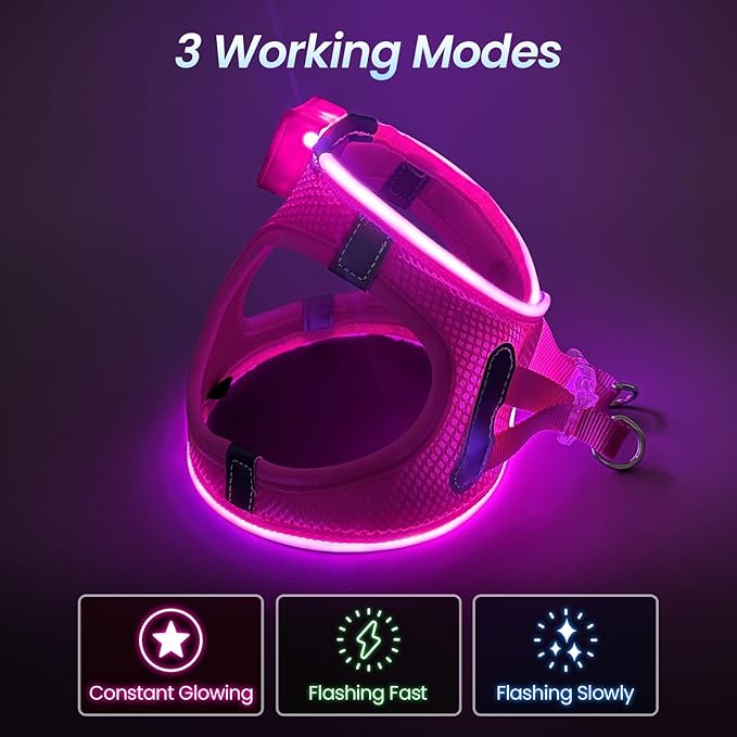 PceoTllar Light Up Dog Harness, LED No Pull Reflective Dog Harness, Flashing Lighted for Night Walking - Small/Medium, (Pink,XS)