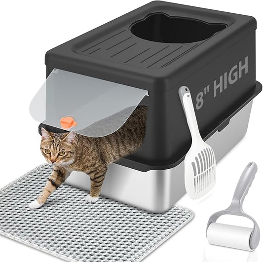 Litter Box with Lid, Stainless Steel Litter Box XL, 14" H Metal Cat Box with High Sides Wall Enclosure, Cat Pan, Non-Sticky, Easy Clean, Anti-Leakage, Black