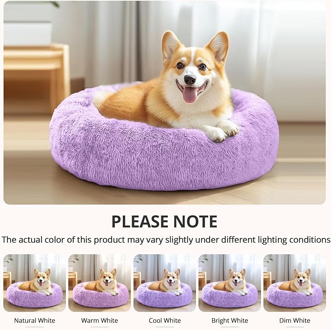 JOLLYVOGUE Calming Dog & Cat Bed for Large Dogs, Anti-Anxiety Donut Cuddler Cozy Soft Round Bed with Anti-Slip Bottom, Fluffy Faux Fur Plush Cushion Beds for Medium Dogs (36")