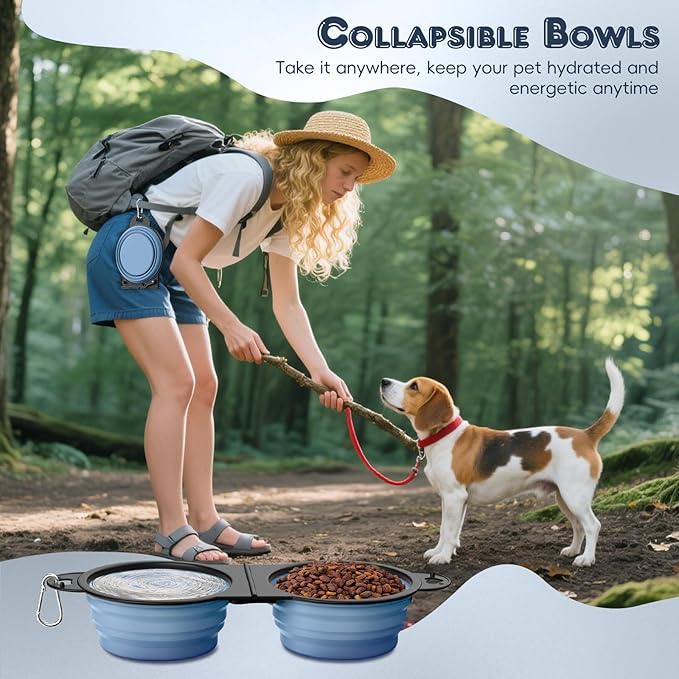 Pawaboo 2-in-1 Collapsible Dog Bowls, Dual Puppy Food and Water Bowls, 180° Flip Over Portable Silicone Dog Bowl with Metal Hook, 450ml Pet Travel Feeder Bowl for Walking Hiking Camping, Morandi Blue