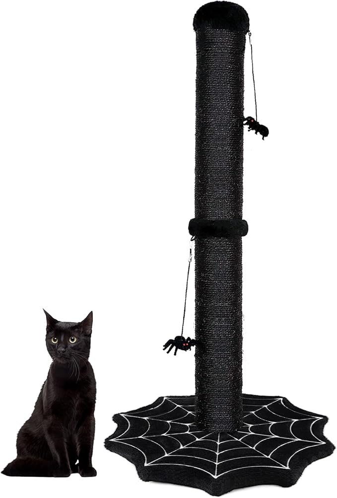 Gothic Cat Scratching Post with Spider Dangling Toys for Indoor Cats, Halloween Spooky Cat Scratcher,Activity Cat Play Center Goth Cat Tree Tower Furniture with Cobweb Base,Black