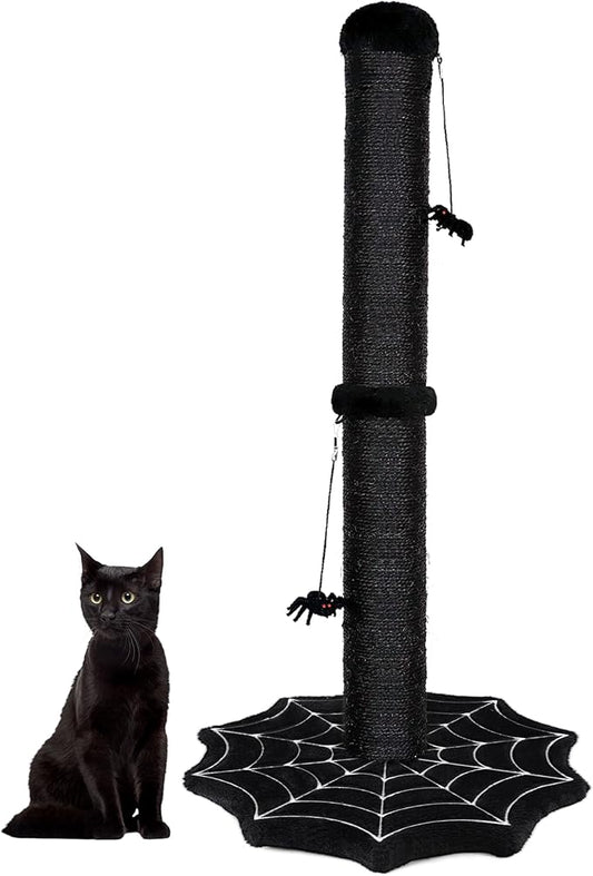 Gothic Cat Scratching Post with Spider Dangling Toys for Indoor Cats, Halloween Spooky Cat Scratcher,Activity Cat Play Center Goth Cat Tree Tower Furniture with Cobweb Base,Black