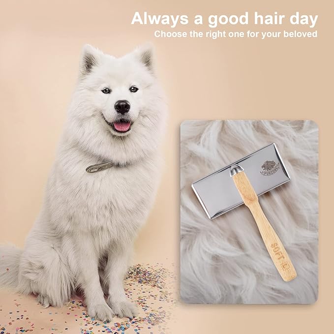 Wooden Slicker Brush for Dogs (Size L) - Stainless Steel Soft Pin Grooming Brush for Short Haired Pets