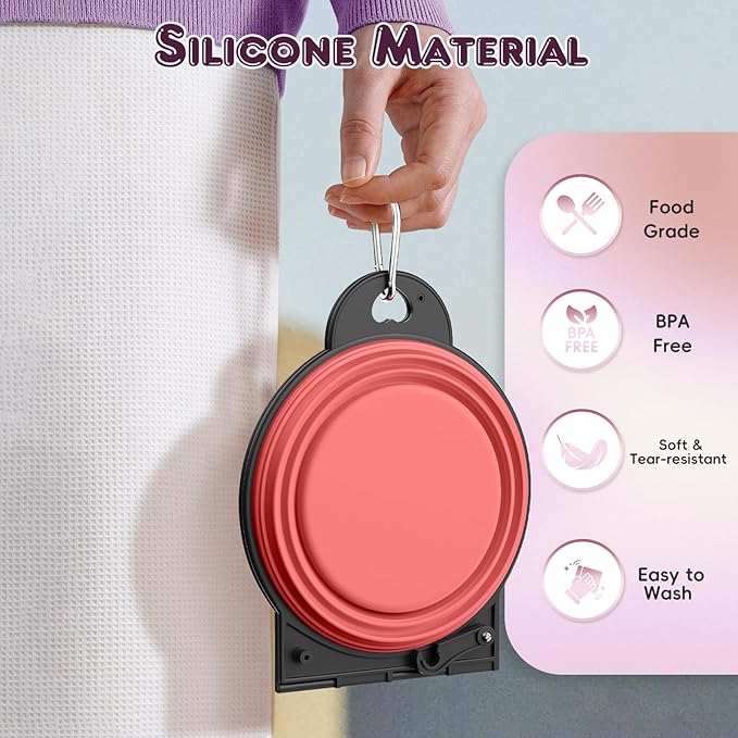 Pawaboo 2-in-1 Collapsible Dog Bowls, Dual Puppy Food and Water Bowls, 180° Flip Over Portable Silicone Dog Bowl with Metal Hook, 450ml Pet Travel Feeder Bowl for Walking Hiking Camping, Light Pink