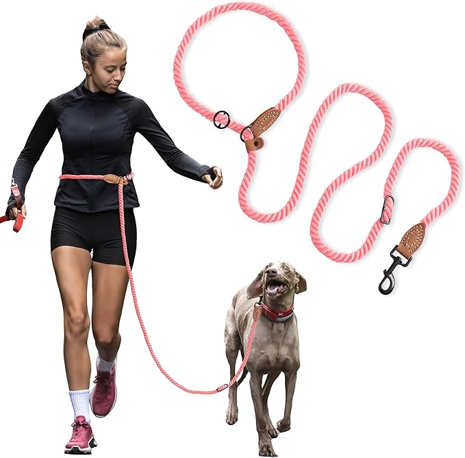 Mile High Life Hands Free Dog Leash, Crossbody Waist Leash with Genuine Leather Connection, Multifunctional Adjustable Slip Lead for Dog Walking Running (Coral Red, MF)