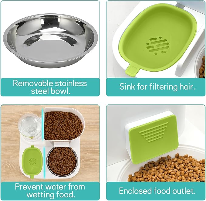 Fhiny Gravity Cat Feeder and Water Dispenser, 2 in 1 Automatic Pet Waterer Detachable Stainless Steel Food Bowls Set Pet Food Storage for Small Dog Puppy Cat Kitten Pet Easy Clean (Green)
