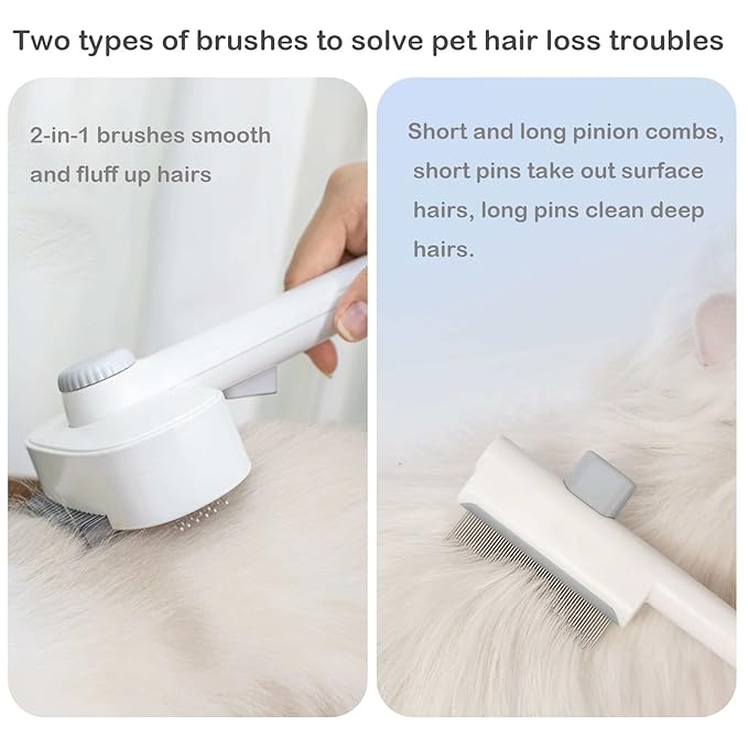 Pet Grooming Combo with Release Button - 2-in-1 Pet Detangling Brush and Cat Dematting Comb with Long & Short Stainless Steel Metal Teeth Easy to Remove Loose Undercoat,Matted Fur & Tangles