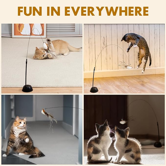 Cat Wand Toys, Adjustable Toys with Silvervine Sticks, Interactive Cat Feather Wand Toy for Indoor Cats, Elastic String Pole Toy with Bell & Feather (Wire Bird)