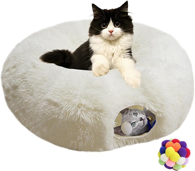 White Fluffy Warm Plush Cat Round Tunnel Tube, Soft Collapsible Multi-Combinations Cat Donuts Bed for Kitty Kitten Puppy Rabbit Ferret