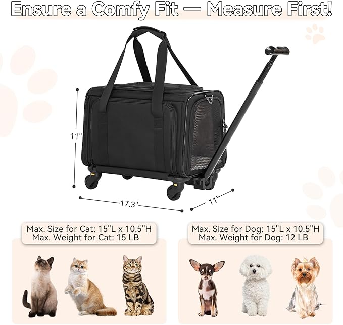 A4Pet Airline-Checked Pet Carrier with Wheels(Removable) & Retractable Handle - Soft Cat Carrier, Small Dog Carrier, Fits Under Airline Seats, 15lb Capacity, Pet Carrier for Cats/Small Dogs