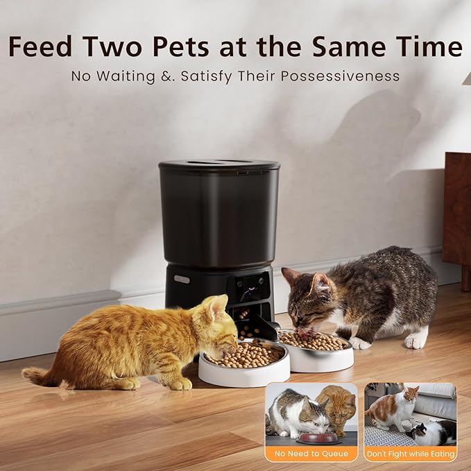 Automatic Cat Feeder with Camera, 6L WiFi Smart Pet Feeder with APP Control, 1080P HD Video, Voice Call, Motion Detection, Dual Power Supply, for Dogs Cats, Small-Pet(Black, 6L)